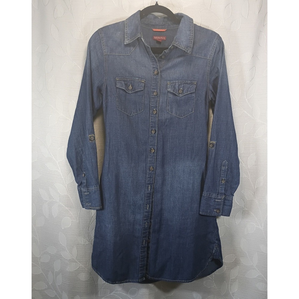 Merona Womens Denim Shirt Dress XS Blue Long Sleeve Roll Tab Button Front Pocket